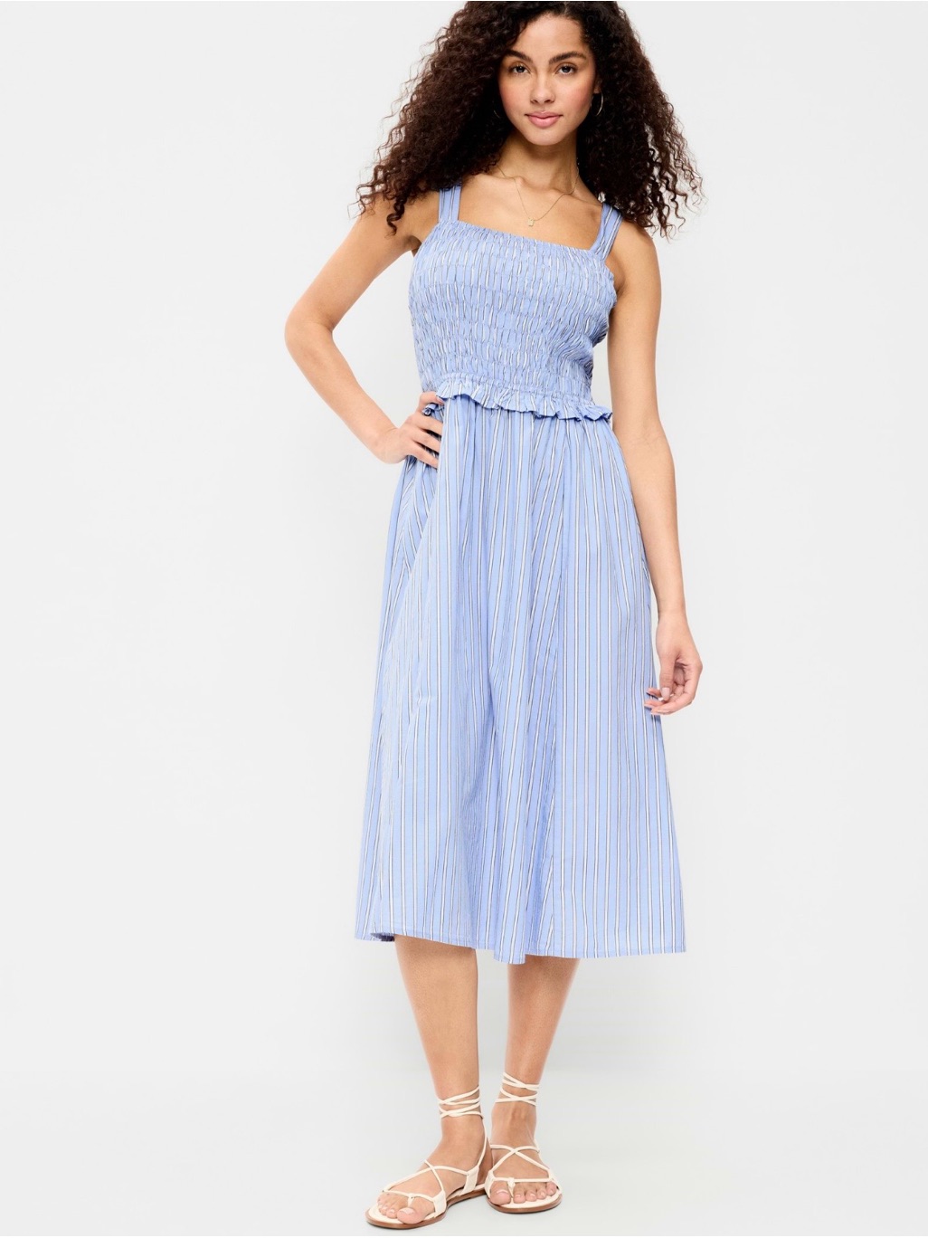 Old Navy Light Blue Striped Smocked Midi Dress